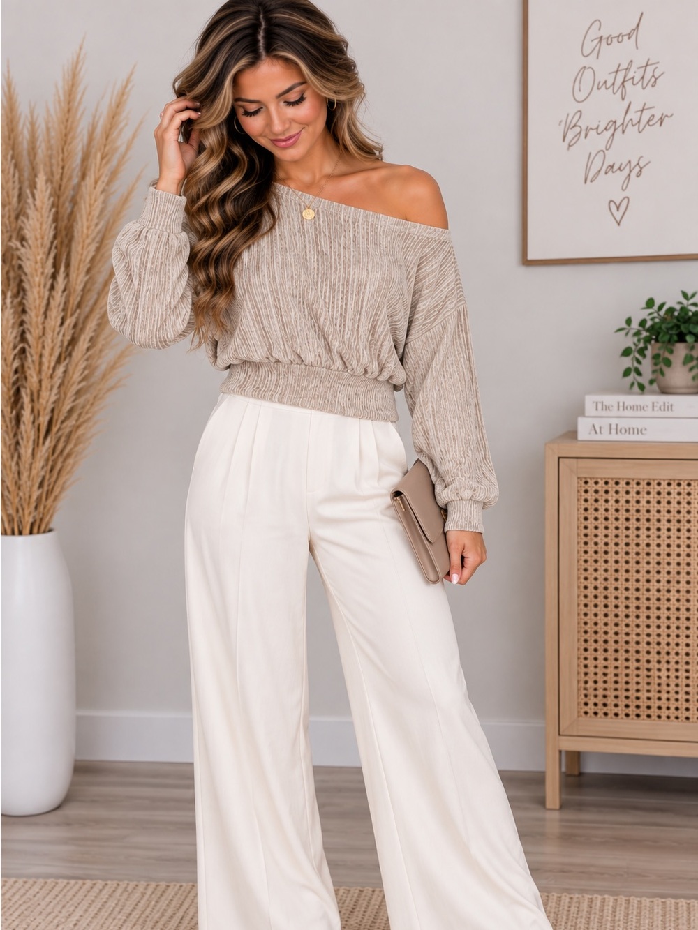 SHEIN Women’s Small Beige Textured Off Shoulder Long Sleeve Top NWOT